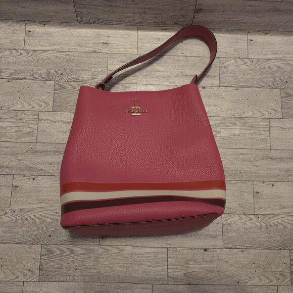 COACH Small Town Bucket Bag in Colorblock Stripe Pink White NO CROSSBODY STRAP - Picture 2 of 16